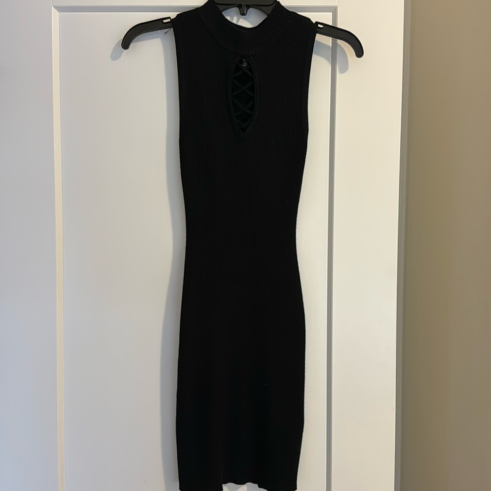 Black rib dress with crisscross stitching